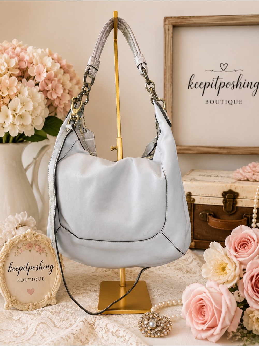Coach Kristen Spectator Pale Blue Leather Hobo Bag with Croc-Trim Accents - Picture 3 of 10